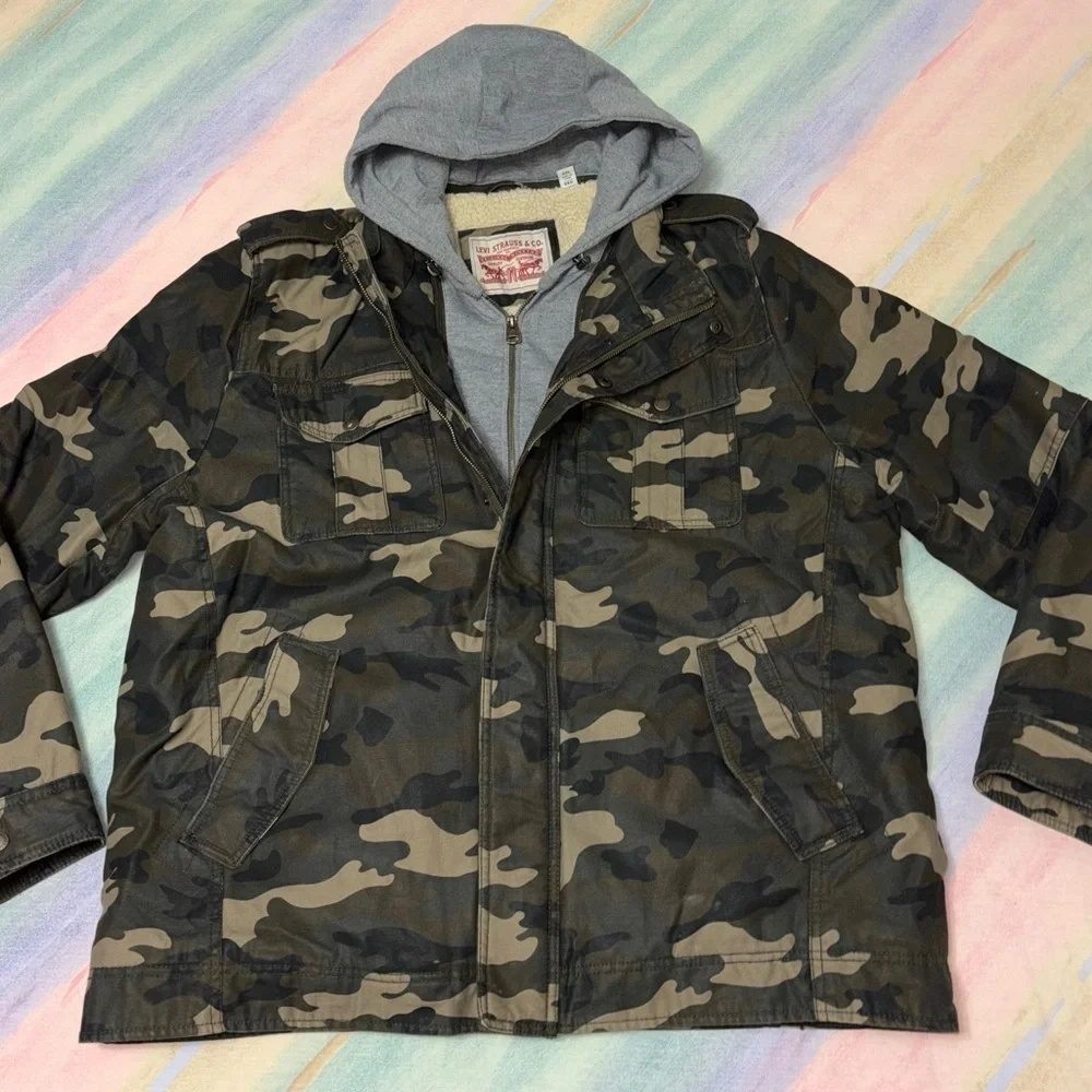 Levis Sherpa Jacket Men's Size Large Camo Washed Cotton Trucker Military Utility